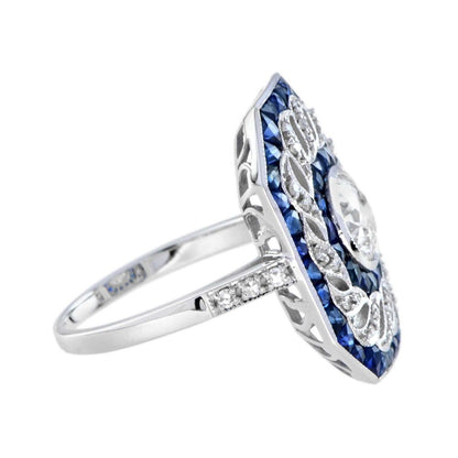 1ct Old Cut Diamond with Diamond Twist and Sapphire Cluster Ring