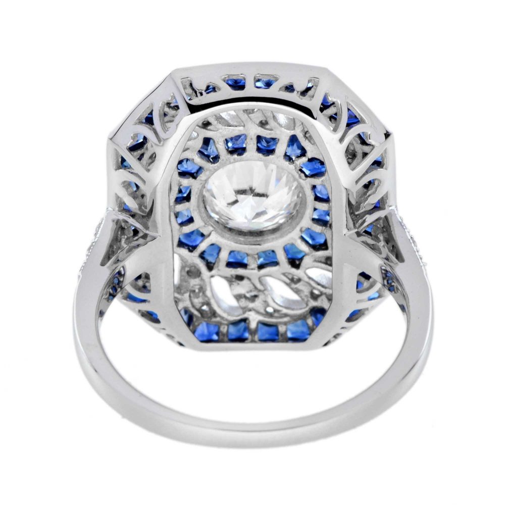 1ct Old Cut Diamond with Diamond Twist and Sapphire Cluster Ring