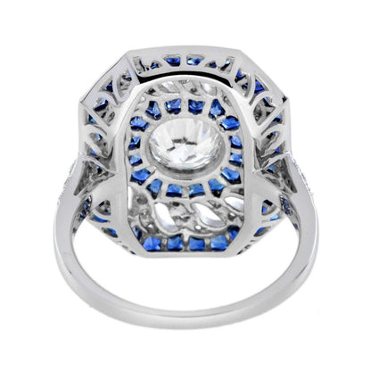 1ct Old Cut Diamond with Diamond Twist and Sapphire Cluster Ring