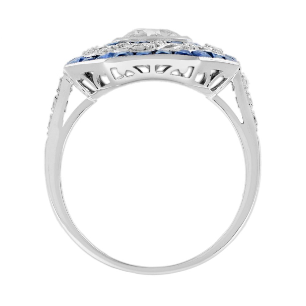 1ct Old Cut Diamond with Diamond Twist and Sapphire Cluster Ring