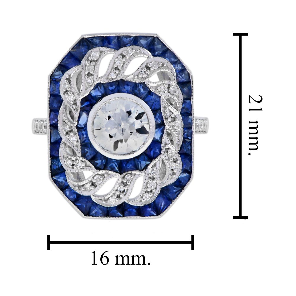 1ct Old Cut Diamond with Diamond Twist and Sapphire Cluster Ring