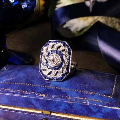 1ct Old Cut Diamond with Diamond Twist and Sapphire Cluster Ring