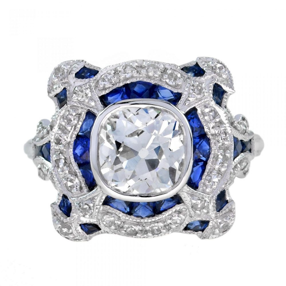 Art Deco Style GIA Certified 1.52ct Diamond and Sapphire Dress Ring