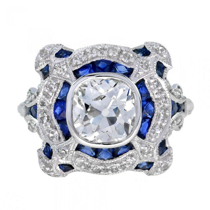 Art Deco Style GIA Certified 1.52ct Diamond and Sapphire Dress Ring