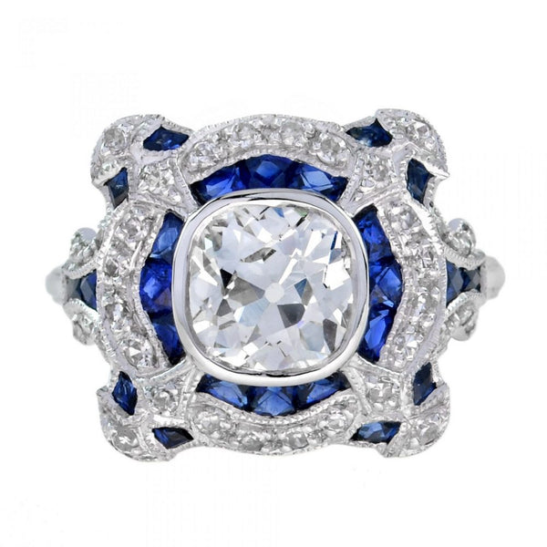 Art Deco Style GIA Certified 1.52ct Diamond and Sapphire Dress Ring
