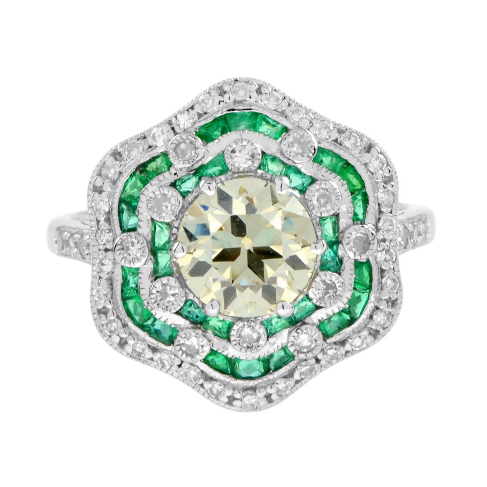 Certified 1.28ct Fancy Yellow Old Mine Cut Diamond and Emerald Floral Cluster Ring
