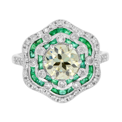Certified 1.28ct Fancy Yellow Old Mine Cut Diamond and Emerald Floral Cluster Ring
