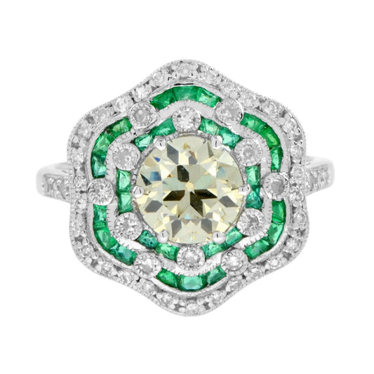 Certified 1.28ct Fancy Yellow Old Mine Cut Diamond and Emerald Floral Cluster Ring