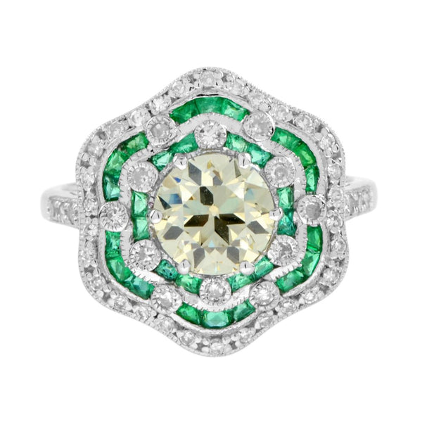 Certified 1.28ct Fancy Yellow Old Mine Cut Diamond and Emerald Floral Cluster Ring