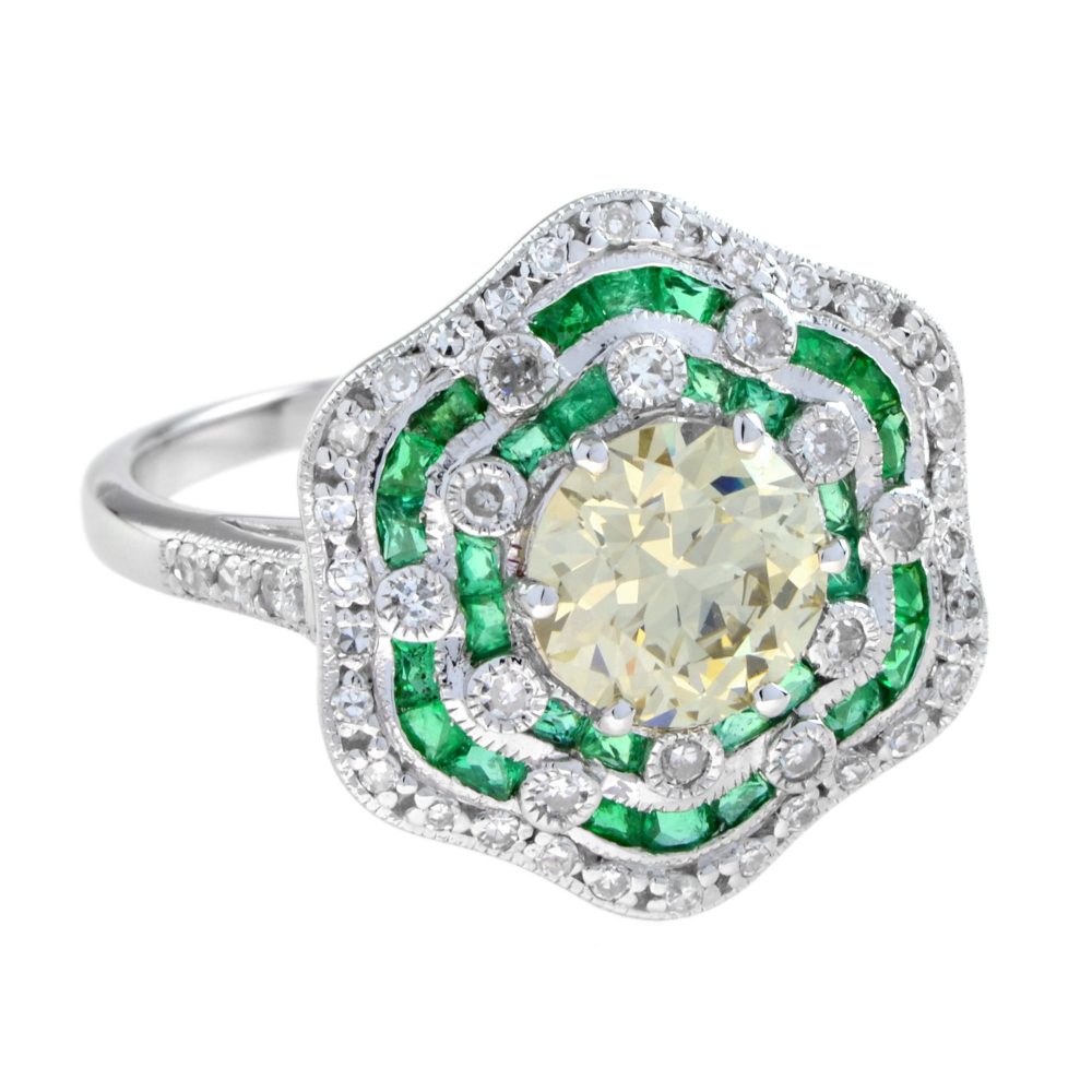 Certified 1.28ct Fancy Yellow Old Mine Cut Diamond and Emerald Floral Cluster Ring