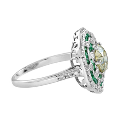 Certified 1.28ct Fancy Yellow Old Mine Cut Diamond and Emerald Floral Cluster Ring