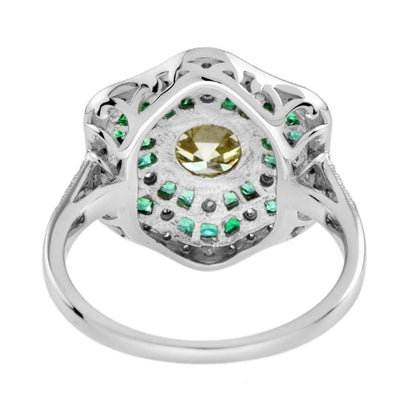 Certified 1.28ct Fancy Yellow Old Mine Cut Diamond and Emerald Floral Cluster Ring