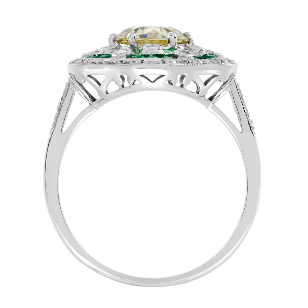 Certified 1.28ct Fancy Yellow Old Mine Cut Diamond and Emerald Floral Cluster Ring