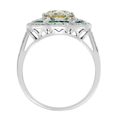 Certified 1.28ct Fancy Yellow Old Mine Cut Diamond and Emerald Floral Cluster Ring