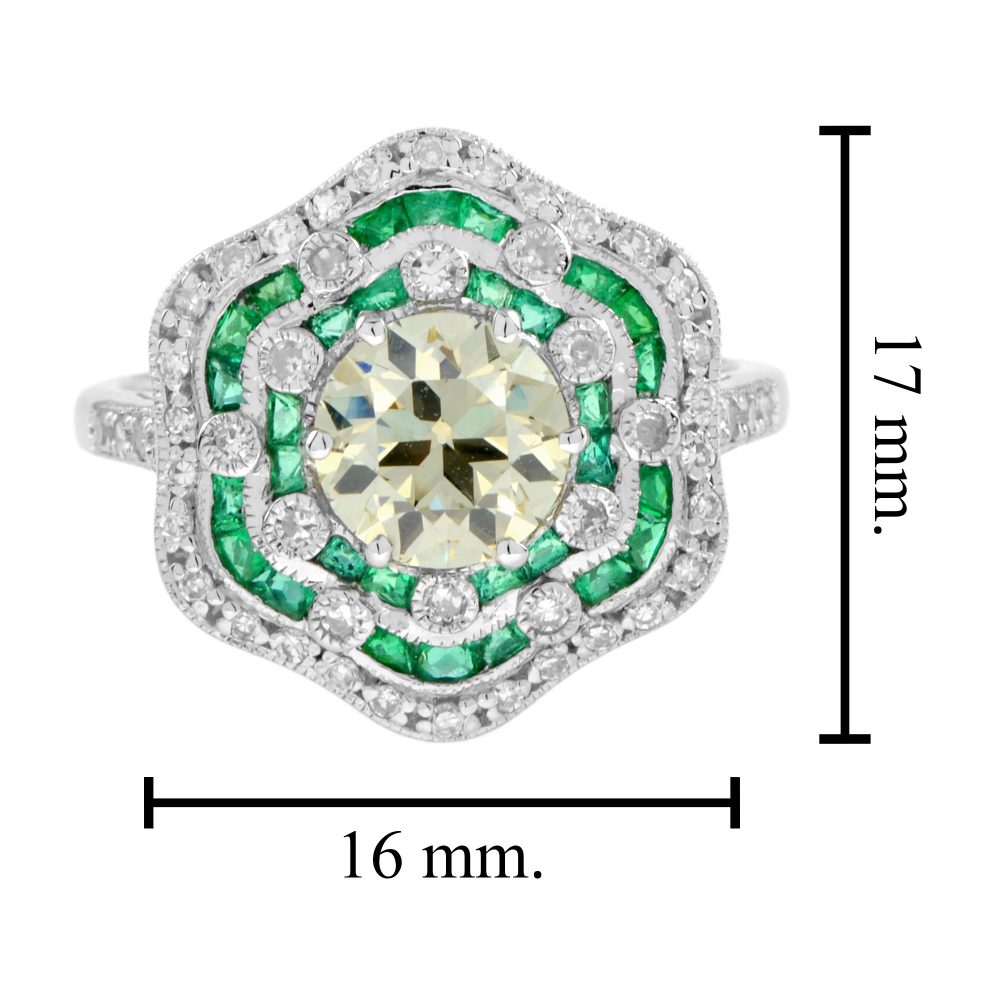 Certified 1.28ct Fancy Yellow Old Mine Cut Diamond and Emerald Floral Cluster Ring