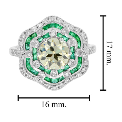 Certified 1.28ct Fancy Yellow Old Mine Cut Diamond and Emerald Floral Cluster Ring