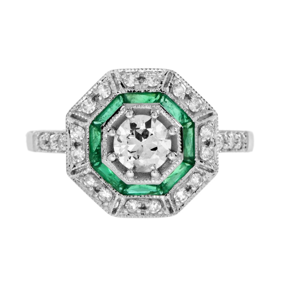 Old Cut Diamond and Emerald Octagonal Target Cluster Engagement Ring
