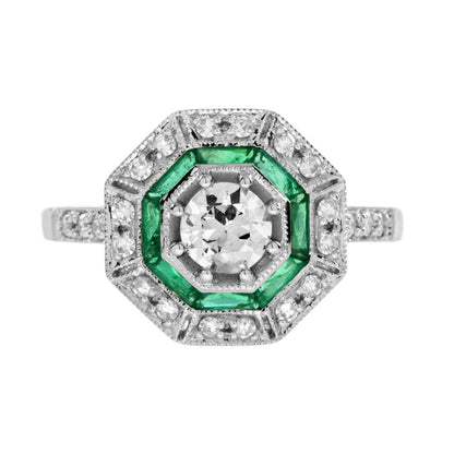 Old Cut Diamond and Emerald Octagonal Target Cluster Engagement Ring