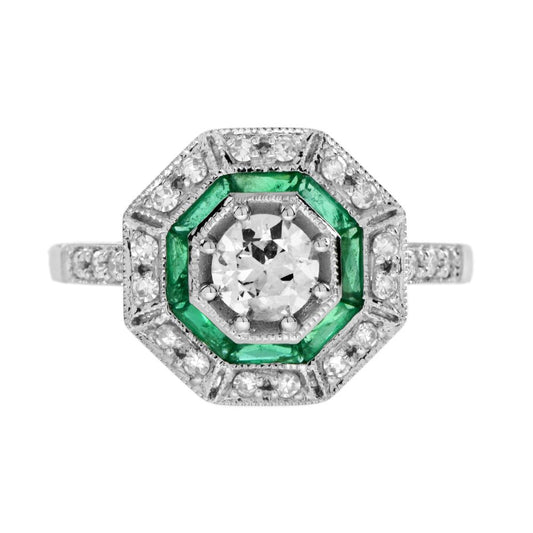 Old Cut Diamond and Emerald Octagonal Target Cluster Engagement Ring
