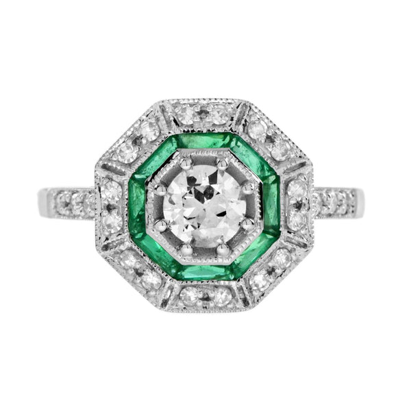 Old Cut Diamond and Emerald Octagonal Target Cluster Engagement Ring