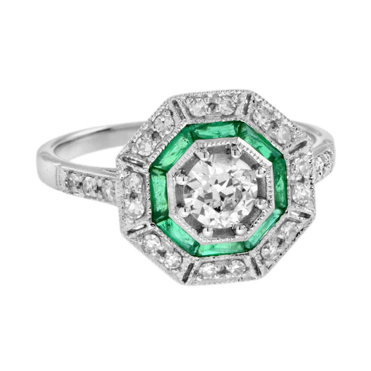 Old Cut Diamond and Emerald Octagonal Target Cluster Engagement Ring