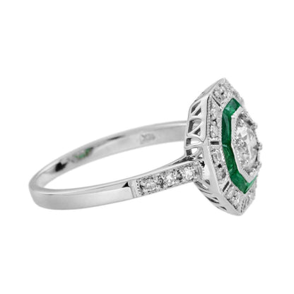 Old Cut Diamond and Emerald Octagonal Target Cluster Engagement Ring