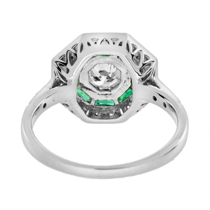 Old Cut Diamond and Emerald Octagonal Target Cluster Engagement Ring