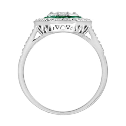 Old Cut Diamond and Emerald Octagonal Target Cluster Engagement Ring