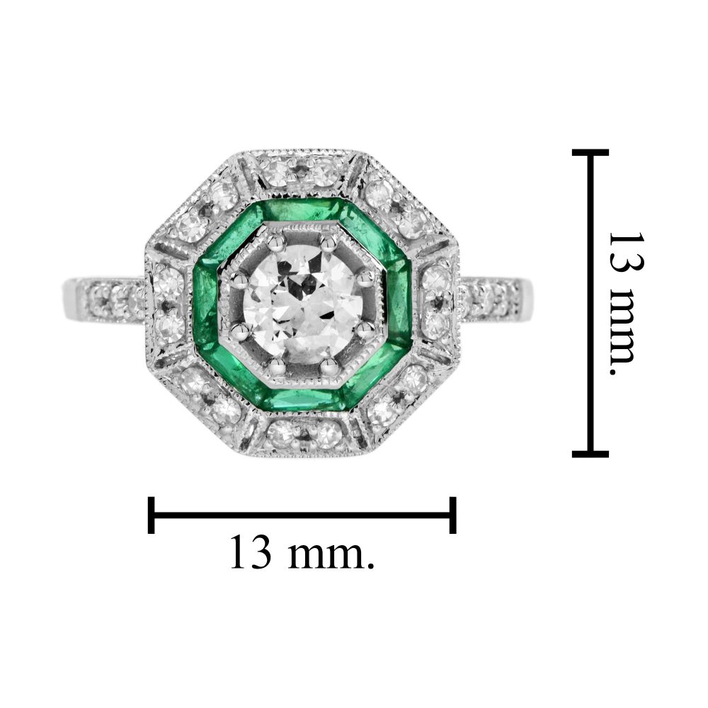 Old Cut Diamond and Emerald Octagonal Target Cluster Engagement Ring