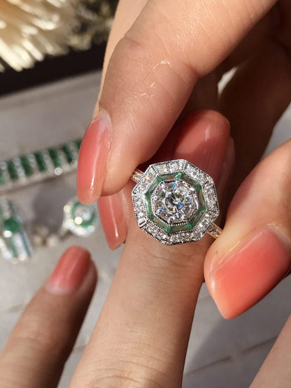 Old Cut Diamond and Emerald Octagonal Target Cluster Engagement Ring