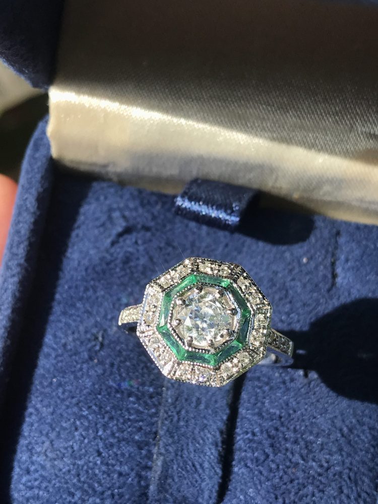 Old Cut Diamond and Emerald Octagonal Target Cluster Engagement Ring