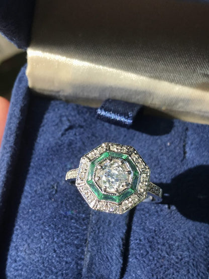 Old Cut Diamond and Emerald Octagonal Target Cluster Engagement Ring