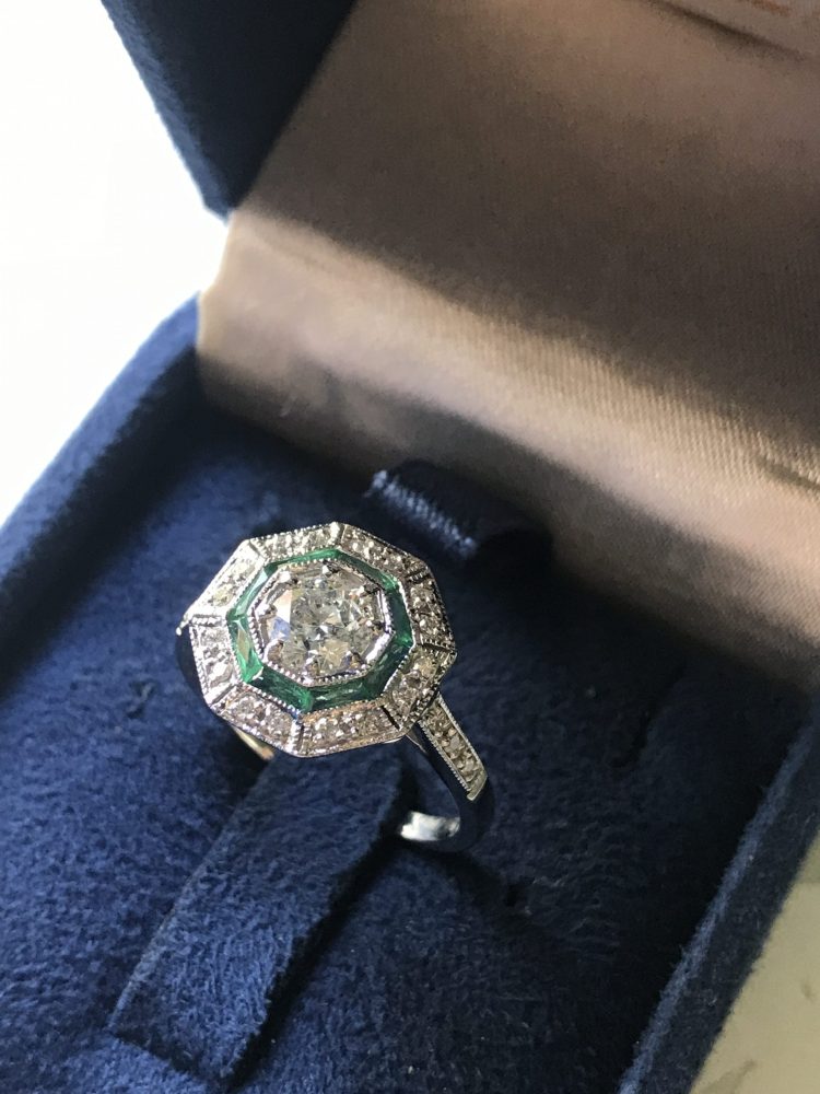 Old Cut Diamond and Emerald Octagonal Target Cluster Engagement Ring