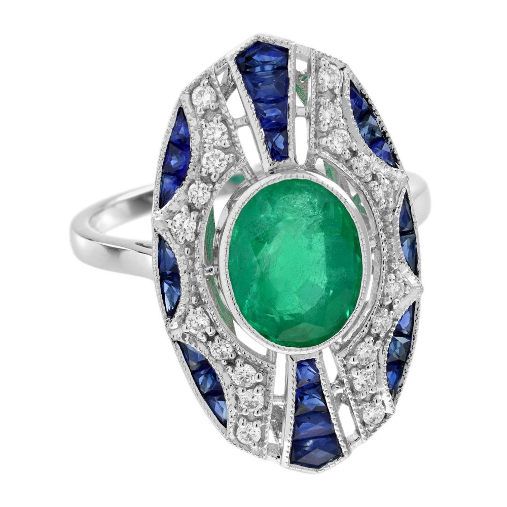 2.20ct Emerald Sapphire and Diamond Oval Cluster Plaque Ring