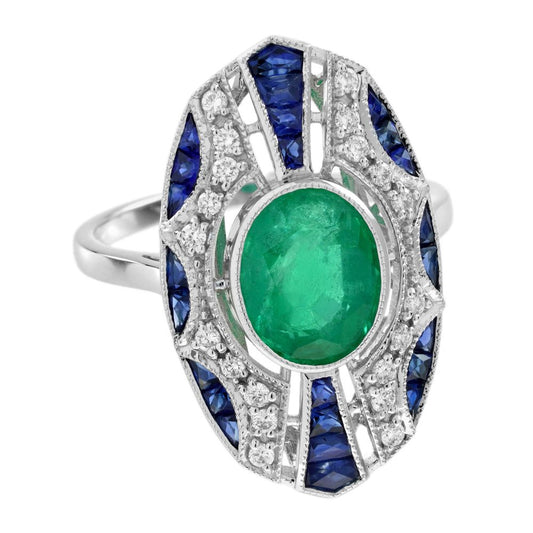 2.20ct Emerald Sapphire and Diamond Oval Cluster Plaque Ring
