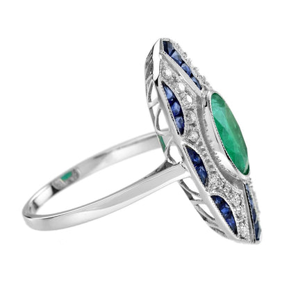 2.20ct Emerald Sapphire and Diamond Oval Cluster Plaque Ring