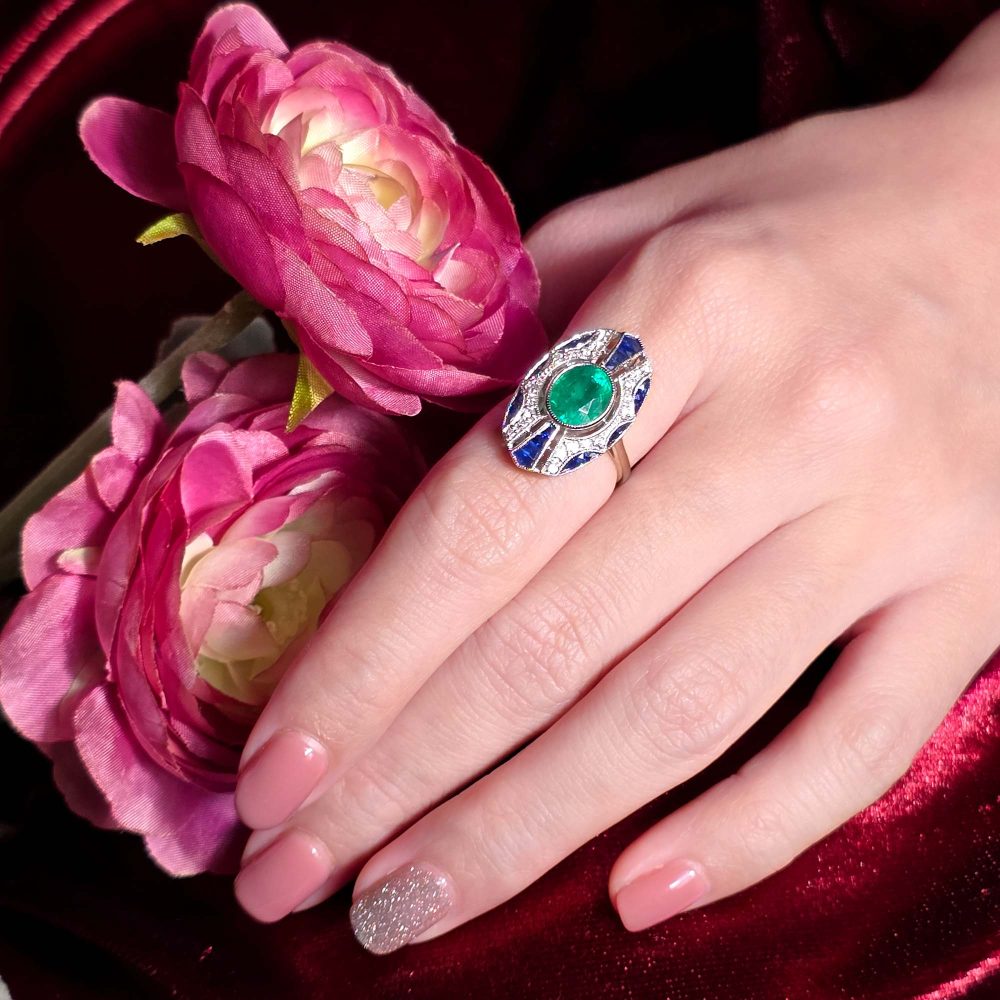 2.20ct Emerald Sapphire and Diamond Oval Cluster Plaque Ring