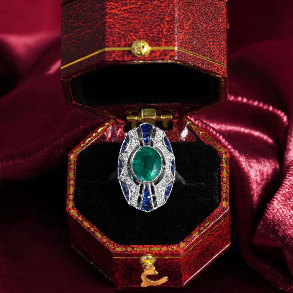 2.20ct Emerald Sapphire and Diamond Oval Cluster Plaque Ring