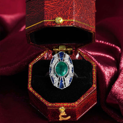 2.20ct Emerald Sapphire and Diamond Oval Cluster Plaque Ring