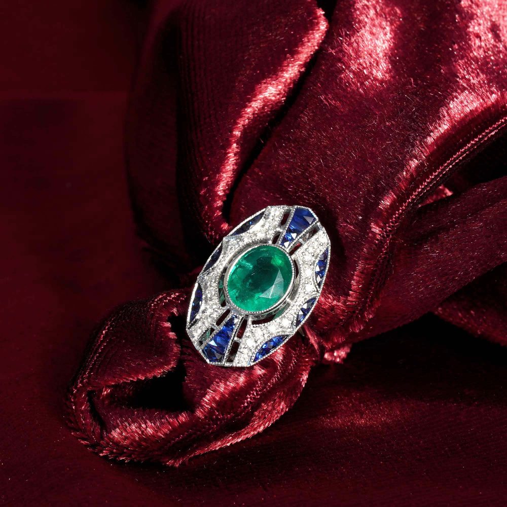2.20ct Emerald Sapphire and Diamond Oval Cluster Plaque Ring