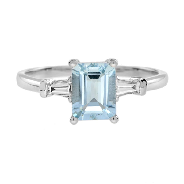 1.50ct Emerald Cut Aquamarine Ring with Tapered Baguette Diamond Shoulders