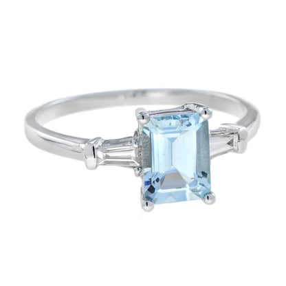 1.50ct Emerald Cut Aquamarine Ring with Tapered Baguette Diamond Shoulders