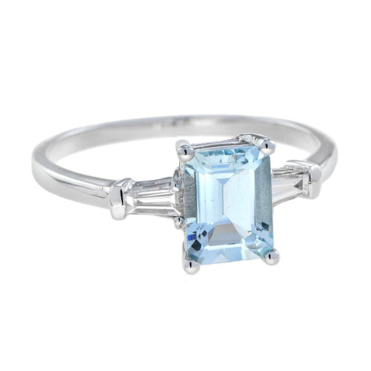 1.50ct Emerald Cut Aquamarine Ring with Tapered Baguette Diamond Shoulders