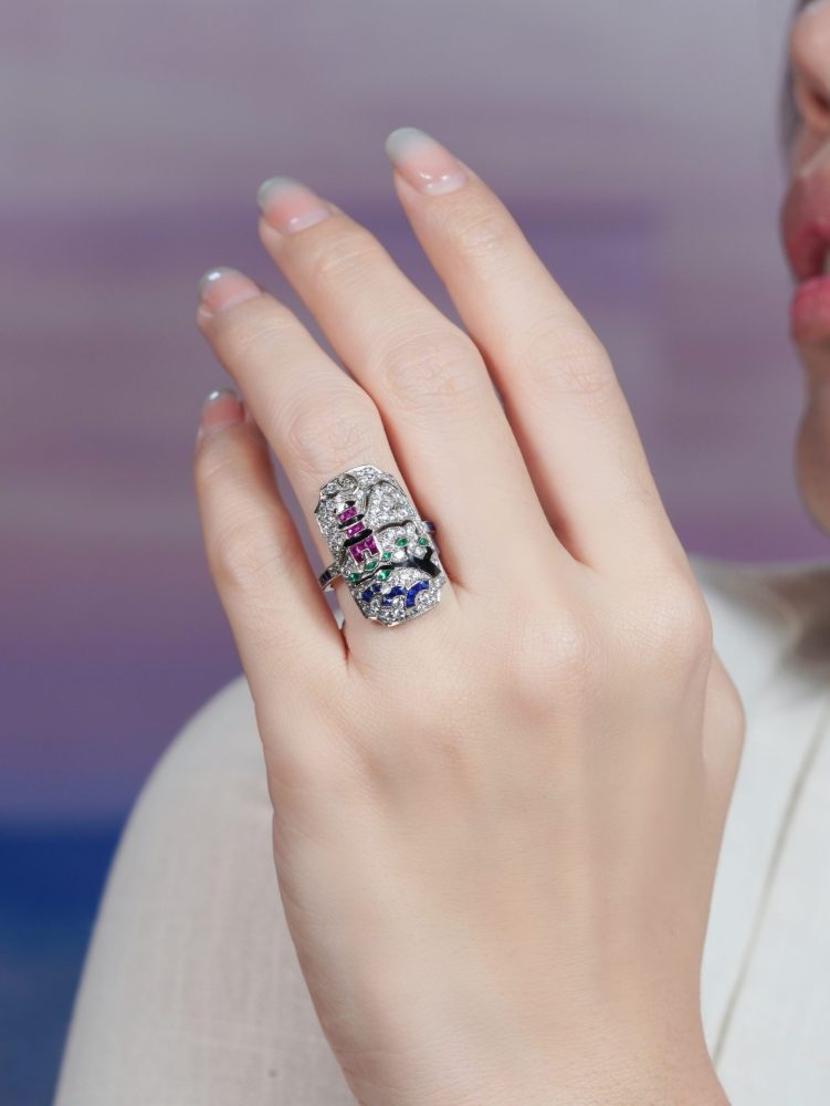 Diamond Sapphire Ruby Emerald Enamel Cluster Japanese Scenery Plaque Ring