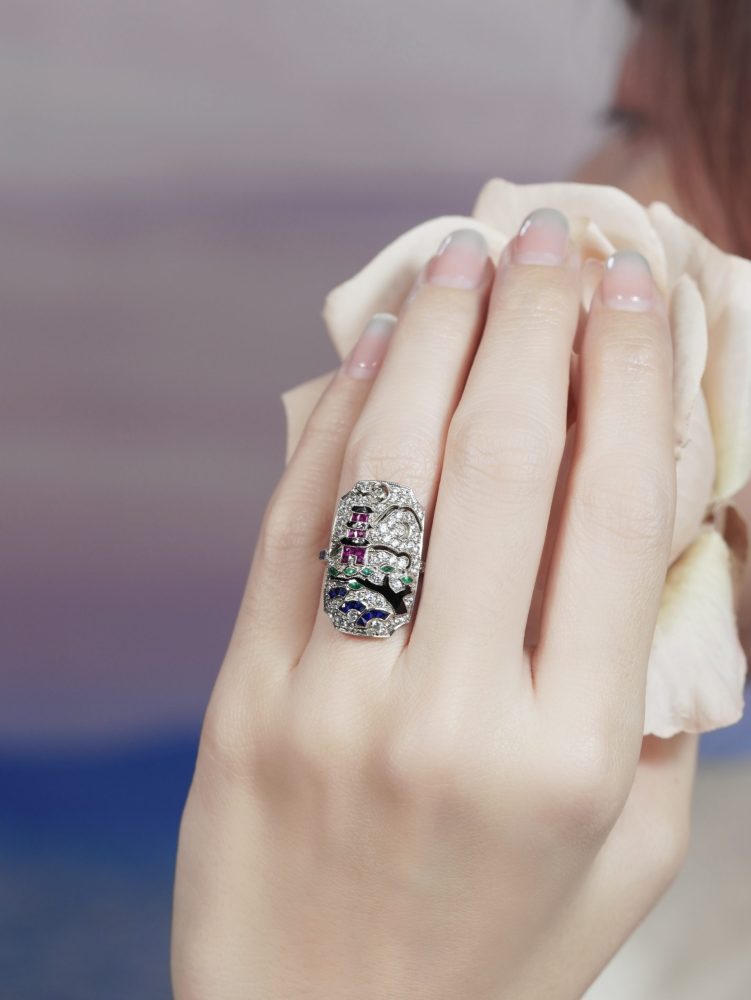 Diamond Sapphire Ruby Emerald Enamel Cluster Japanese Scenery Plaque Ring