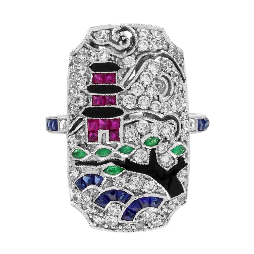 Diamond Sapphire Ruby Emerald Enamel Cluster Japanese Scenery Plaque Ring