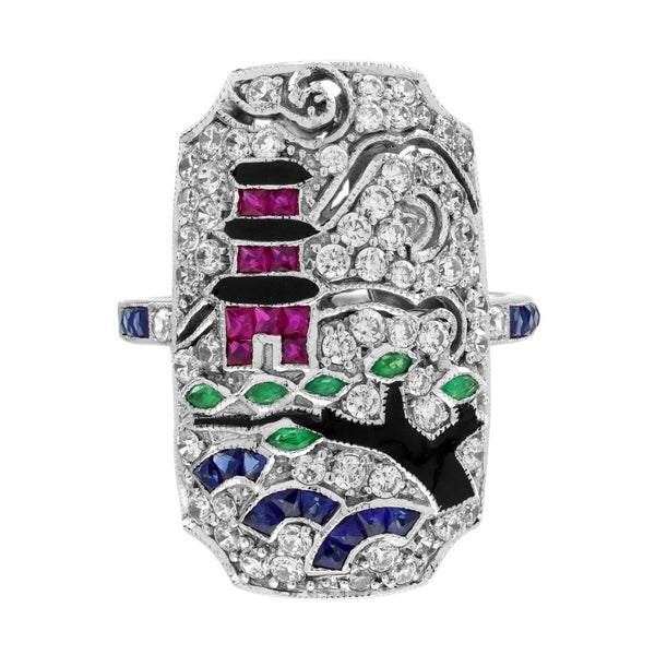 Diamond Sapphire Ruby Emerald Enamel Cluster Japanese Scenery Plaque Ring