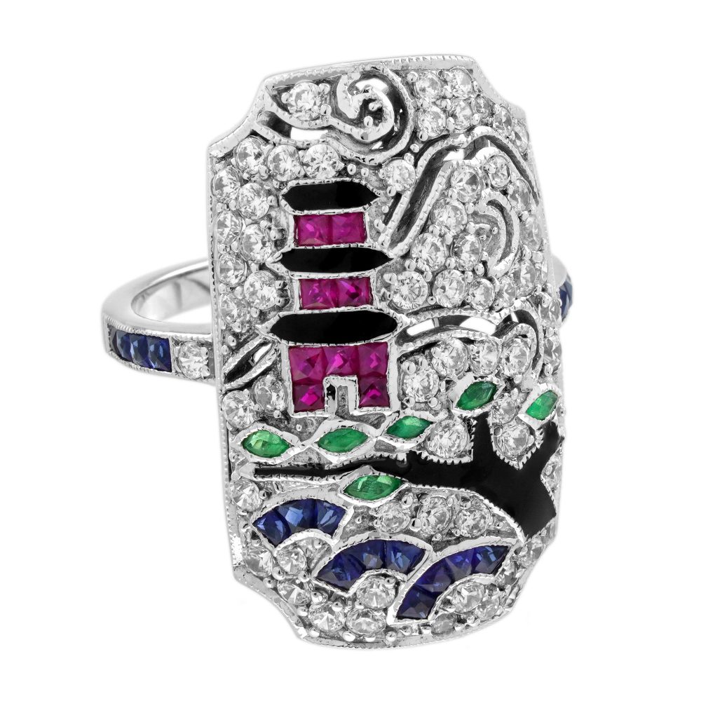 Diamond Sapphire Ruby Emerald Enamel Cluster Japanese Scenery Plaque Ring