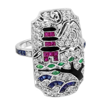 Diamond Sapphire Ruby Emerald Enamel Cluster Japanese Scenery Plaque Ring