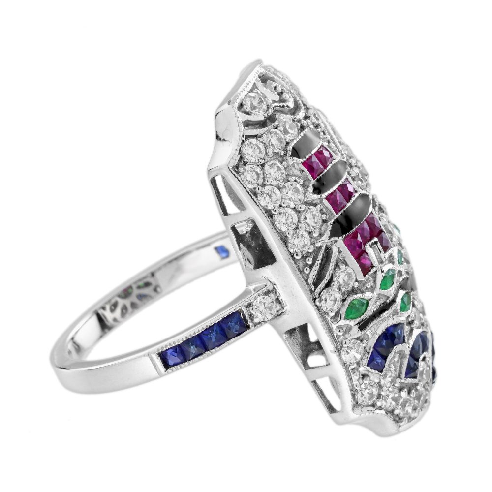 Diamond Sapphire Ruby Emerald Enamel Cluster Japanese Scenery Plaque Ring